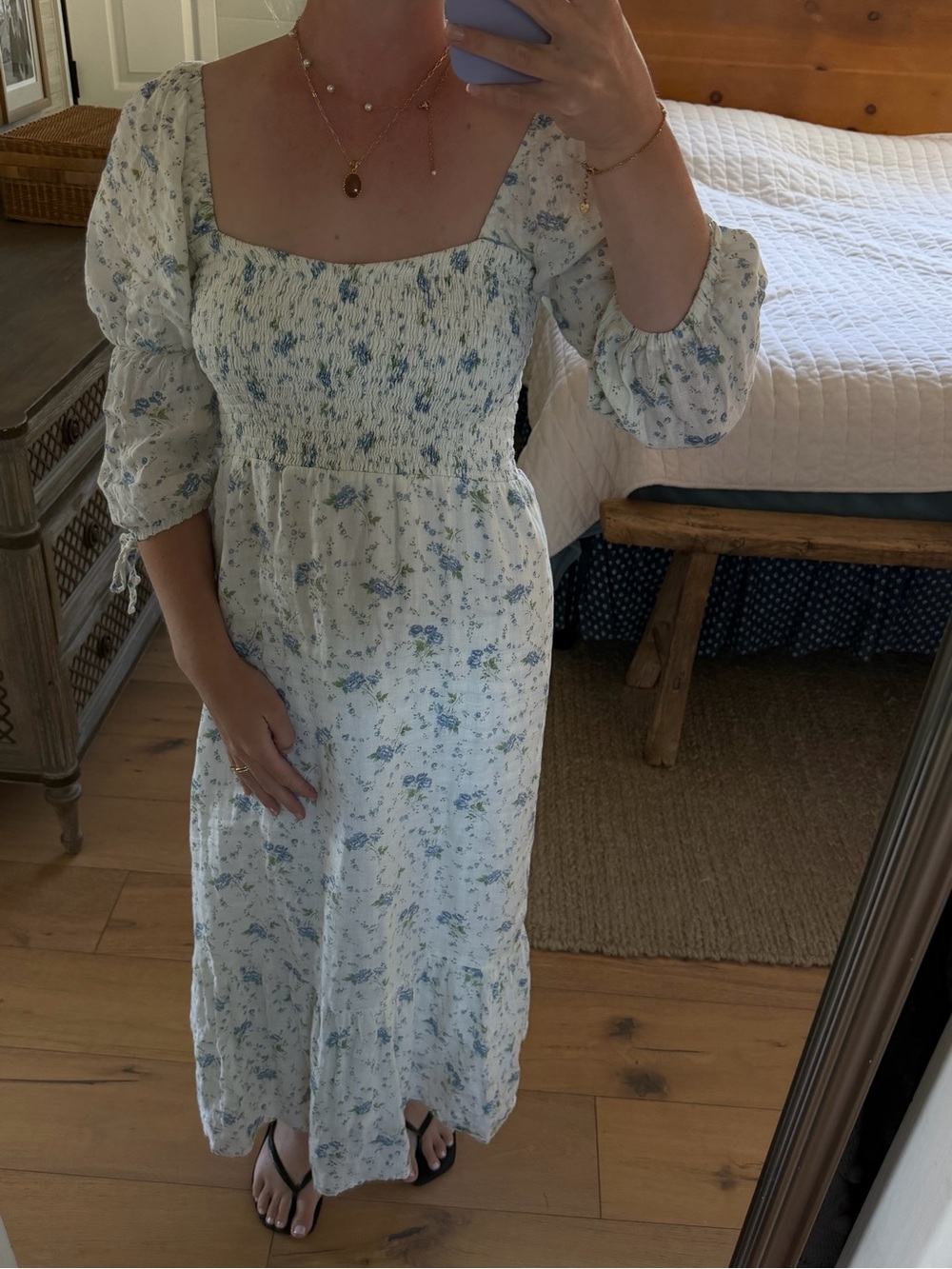 Faithfull the Brand Smocked Square-Neck Maxi Dress in Light Blue Floral